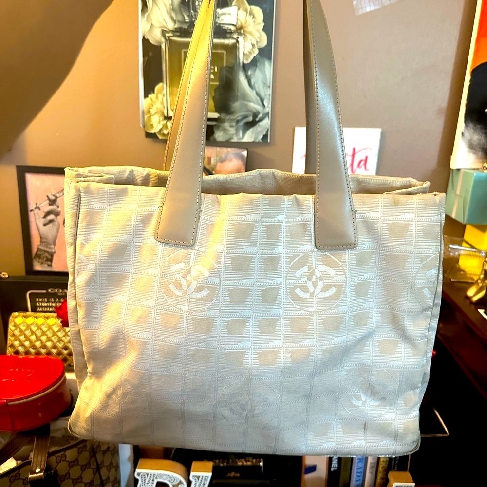 vintage Authentic Chanel  Travel Line Beige CC Nylon Leather Tote Bag